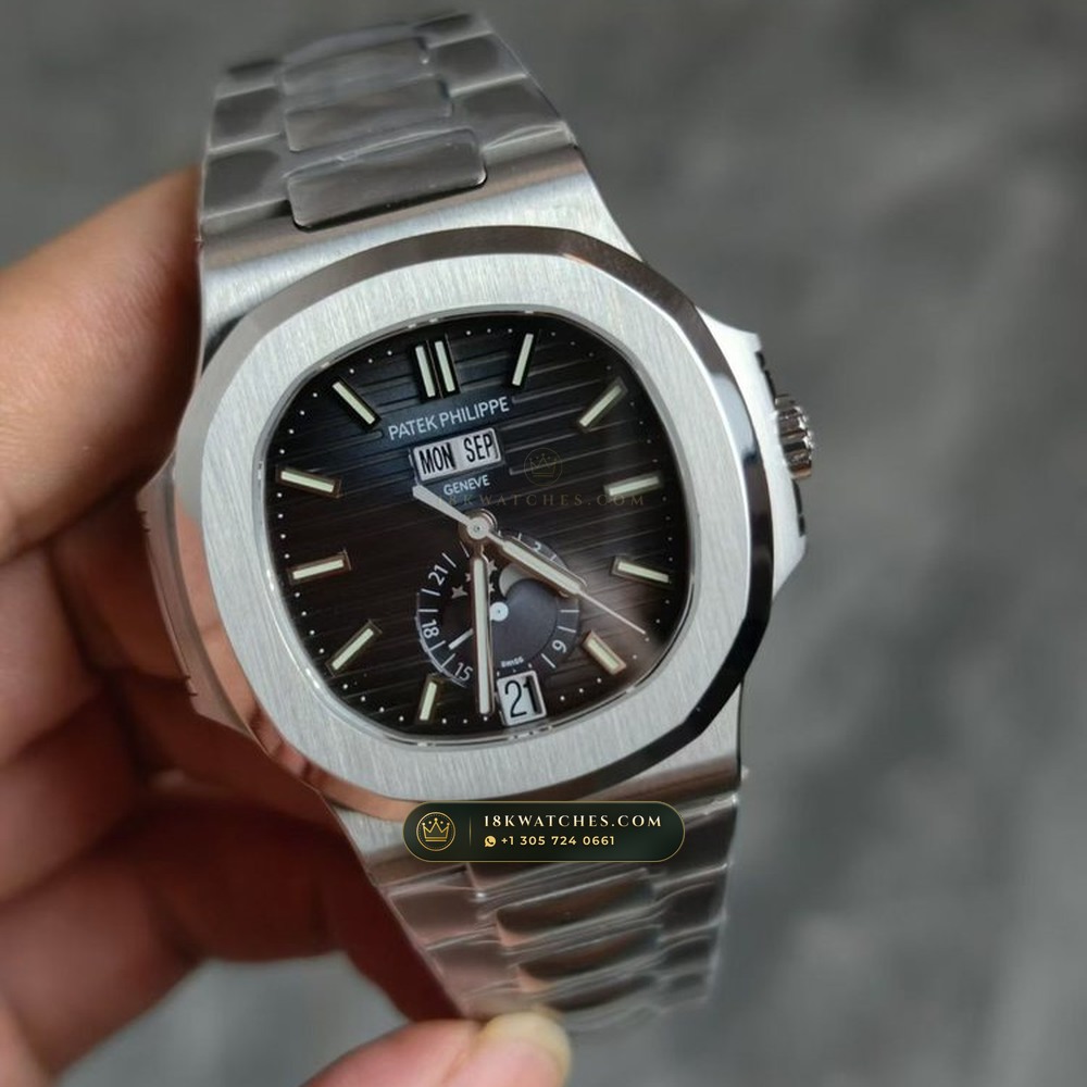 Patek Philippe Nautilus Annual Calendar Moonphase Blue Graduated Dial Ref. 5726/1A-014 — Studio Gallery Plate III in 904L Stainless Steel Custom Architecture (147.6g Verified Mass, Patek Philippe Cal. 324 S QA LU 24H - 21K Gold Rotor)