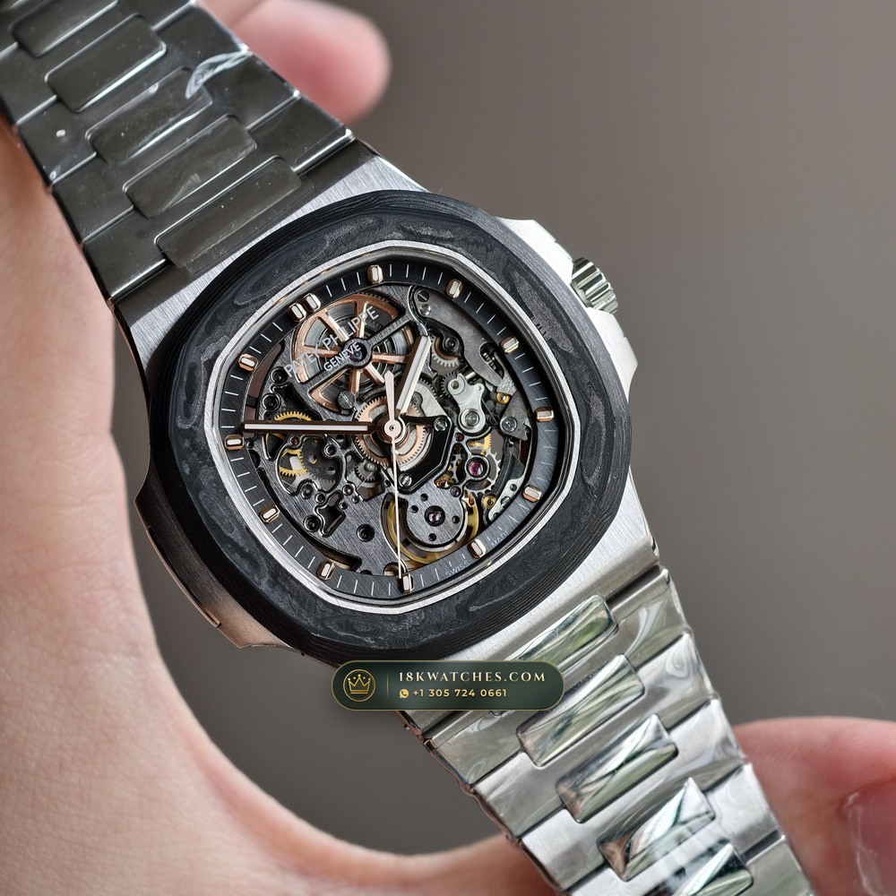 Patek Philippe Nautilus 40mm Skeleton Openworked Forged Carbon Ref. 5711/1A-010 — Studio Gallery Plate II in Forged Carbon TPT & Titanium (114.6g Verified Mass, Patek Philippe Cal. 26-330 S C / Cal. 324 S C - 21K Gold Rotor)
