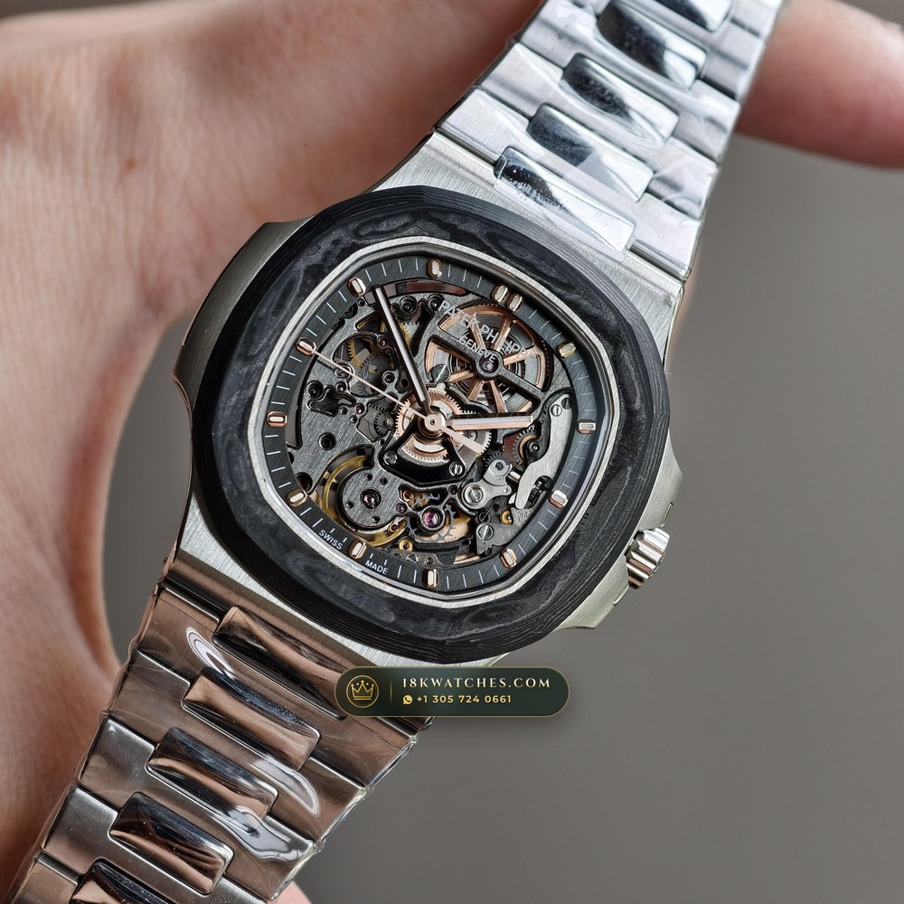 Patek Philippe Nautilus 40mm Skeleton Openworked Forged Carbon Ref. 5711/1A-010 — Studio Gallery Plate III in Forged Carbon TPT & Titanium (114.6g Verified Mass, Patek Philippe Cal. 26-330 S C / Cal. 324 S C - 21K Gold Rotor)