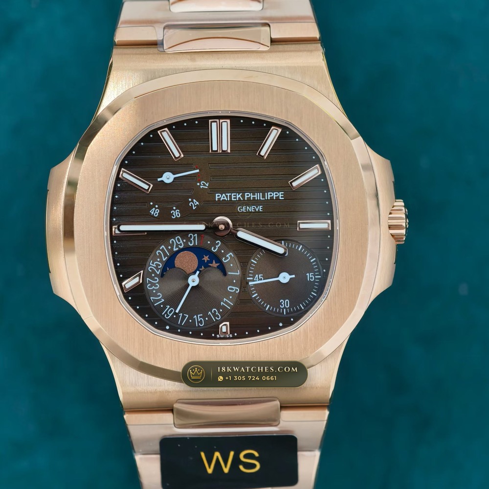 Patek Philippe Nautilus Moonphase & Power Reserve 18K Rose Gold 5-Axis CNC Case Ref. 5712/1R-001 — Studio Gallery Plate II in 18K Rose Gold Au750 (186.2g Verified Mass, Patek Philippe Cal. 240 PS IRM C LU - 22K Gold Micro-Rotor)