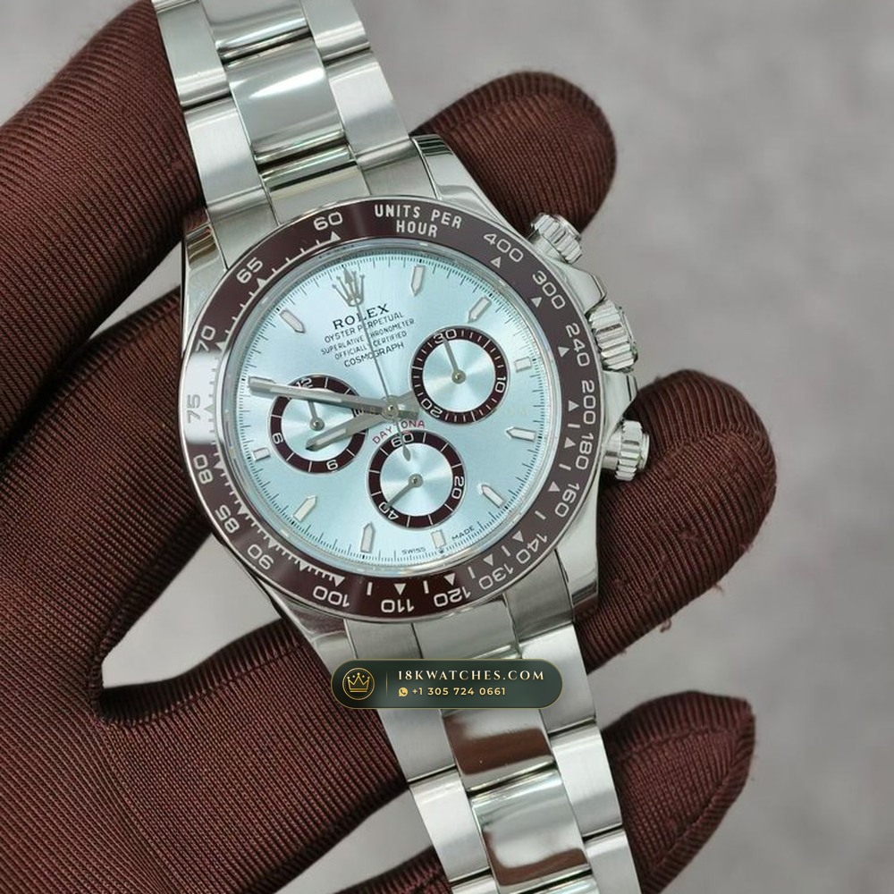Rolex Cosmograph Daytona Platona Ice-Blue & Chestnut Cerachrom 950 Platinum Ref. 126506 — Studio Gallery Plate II in 950 Platinum Pt950 (282.0g Verified Mass, Rolex Manufacture Cal. 4131 - 72h Power Reserve)