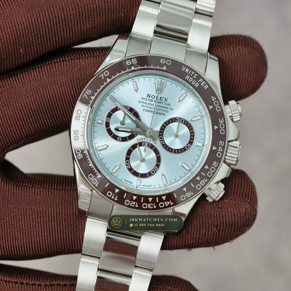 Rolex Cosmograph Daytona Platona Ice-Blue & Chestnut Cerachrom 950 Platinum Ref. 126506 — Studio Gallery Plate III in 950 Platinum Pt950 (282.0g Verified Mass, Rolex Manufacture Cal. 4131 - 72h Power Reserve)