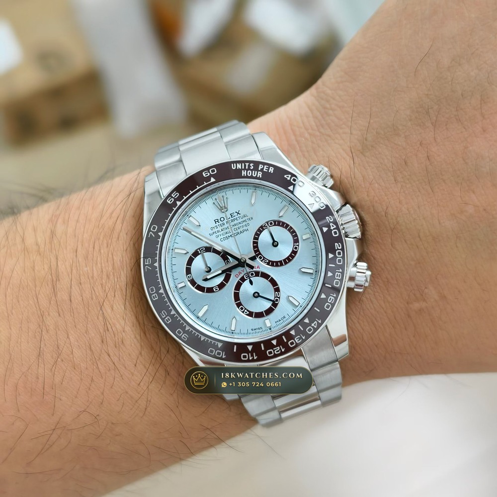 Rolex Cosmograph Daytona Platona Ice-Blue & Chestnut Cerachrom 950 Platinum Ref. 126506 — Studio Gallery Plate IX in 950 Platinum Pt950 (282.0g Verified Mass, Rolex Manufacture Cal. 4131 - 72h Power Reserve)