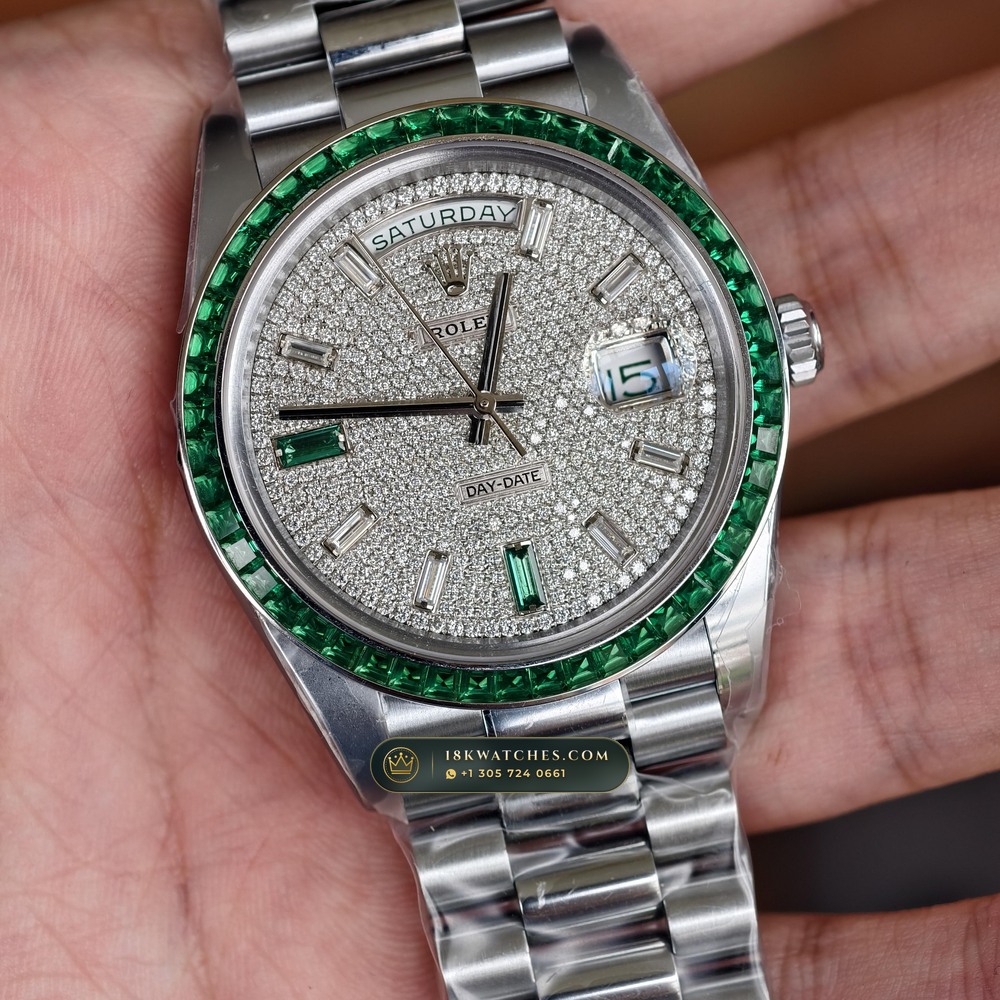 Rolex Day-Date 40 Baguette Emerald Bezel 950 Platinum Ref. 228396TEM — Studio Gallery Plate IV in 950 Platinum Pt950 (280.7g Verified Mass, Rolex Manufacture Cal. 3255 - 70h Power Reserve)