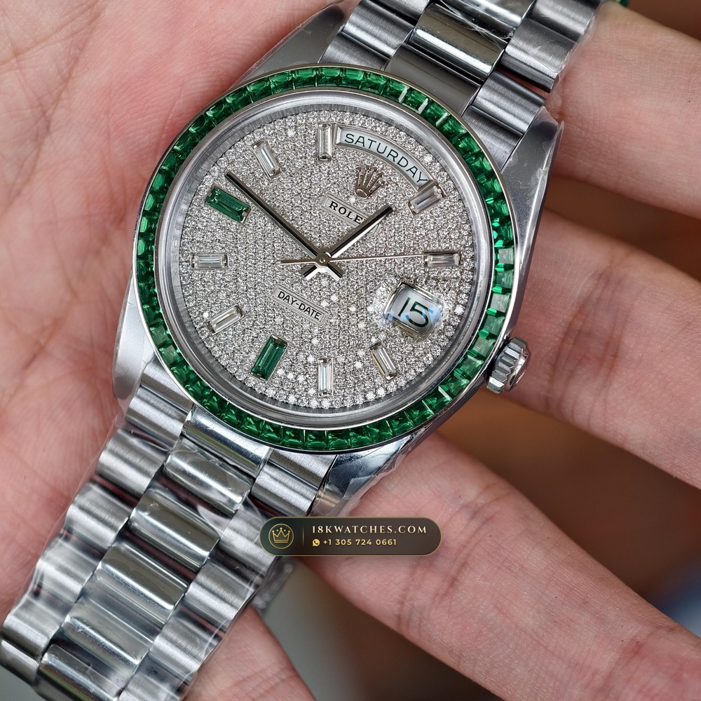 Rolex Day-Date 40 Baguette Emerald Bezel 950 Platinum Ref. 228396TEM — Studio Gallery Plate V in 950 Platinum Pt950 (280.7g Verified Mass, Rolex Manufacture Cal. 3255 - 70h Power Reserve)