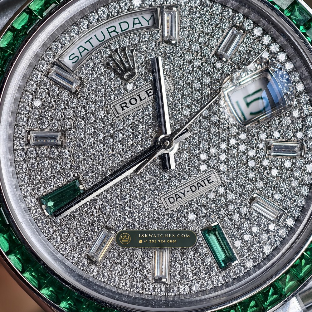 Rolex Day-Date 40 Baguette Emerald Bezel 950 Platinum Ref. 228396TEM — Studio Gallery Plate VI in 950 Platinum Pt950 (280.7g Verified Mass, Rolex Manufacture Cal. 3255 - 70h Power Reserve)