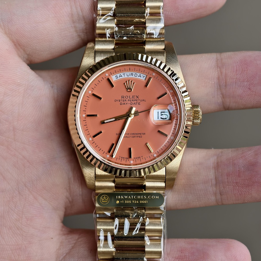 Rolex Day-Date 36 Coral Red Stella Lacquer Dial 18K Yellow Gold Ref. 18238