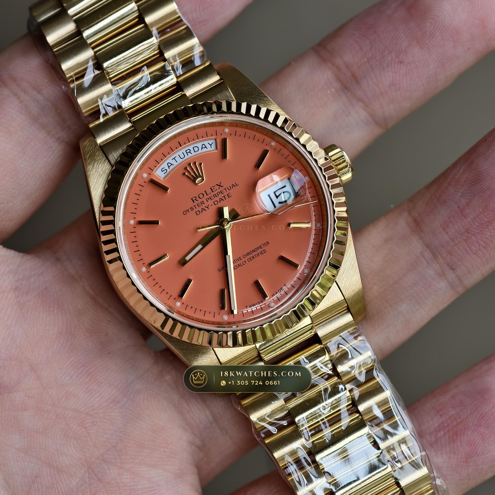 Rolex Day-Date 36 Coral Red Stella Lacquer Dial 18K Yellow Gold Ref. 18238 — Studio Gallery Plate II in 18K Yellow Gold Au750 (141.5g Verified Mass, Rolex Manufacture Cal. 3155)