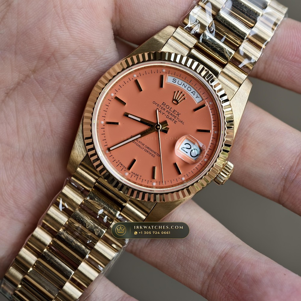 Rolex Day-Date 36 Coral Red Stella Lacquer Dial 18K Yellow Gold Ref. 18238 — Studio Gallery Plate III in 18K Yellow Gold Au750 (141.5g Verified Mass, Rolex Manufacture Cal. 3155)