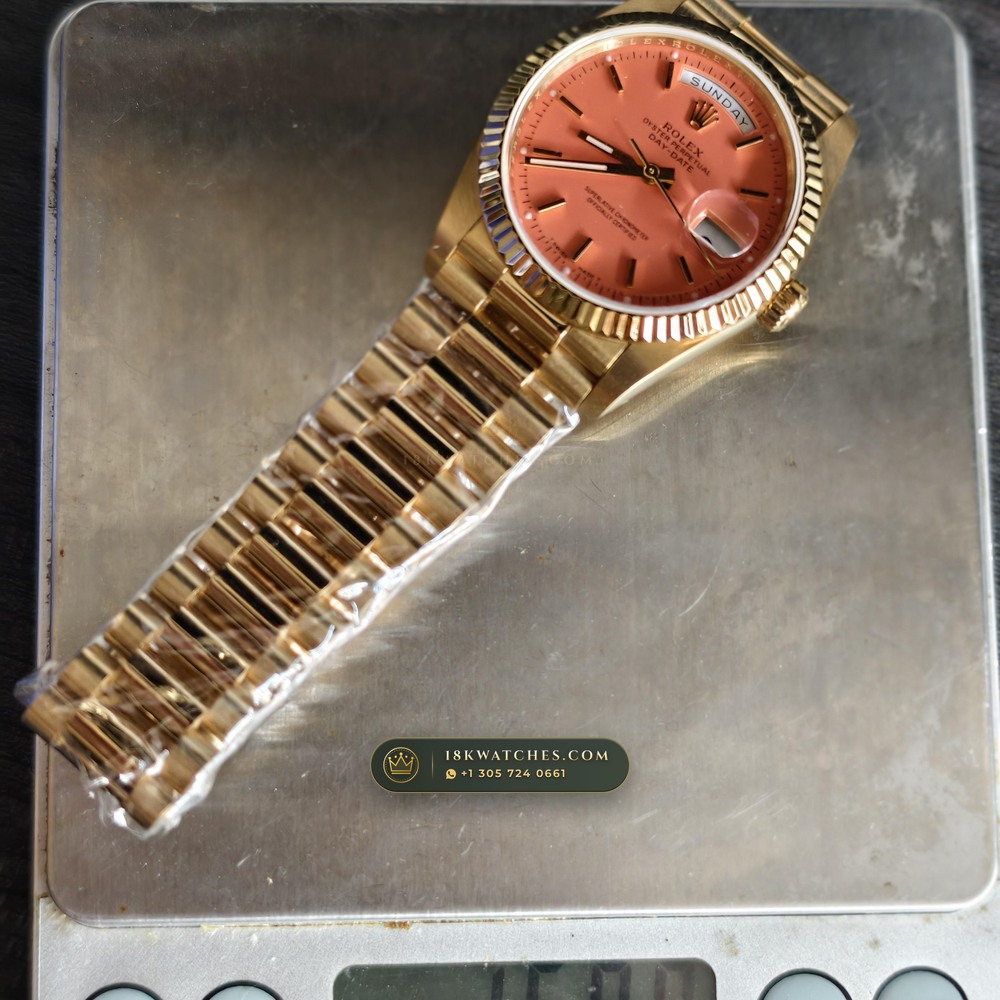Rolex Day-Date 36 Coral Red Stella Lacquer Dial 18K Yellow Gold Ref. 18238 — Studio Gallery Plate VIII in 18K Yellow Gold Au750 (141.5g Verified Mass, Rolex Manufacture Cal. 3155)