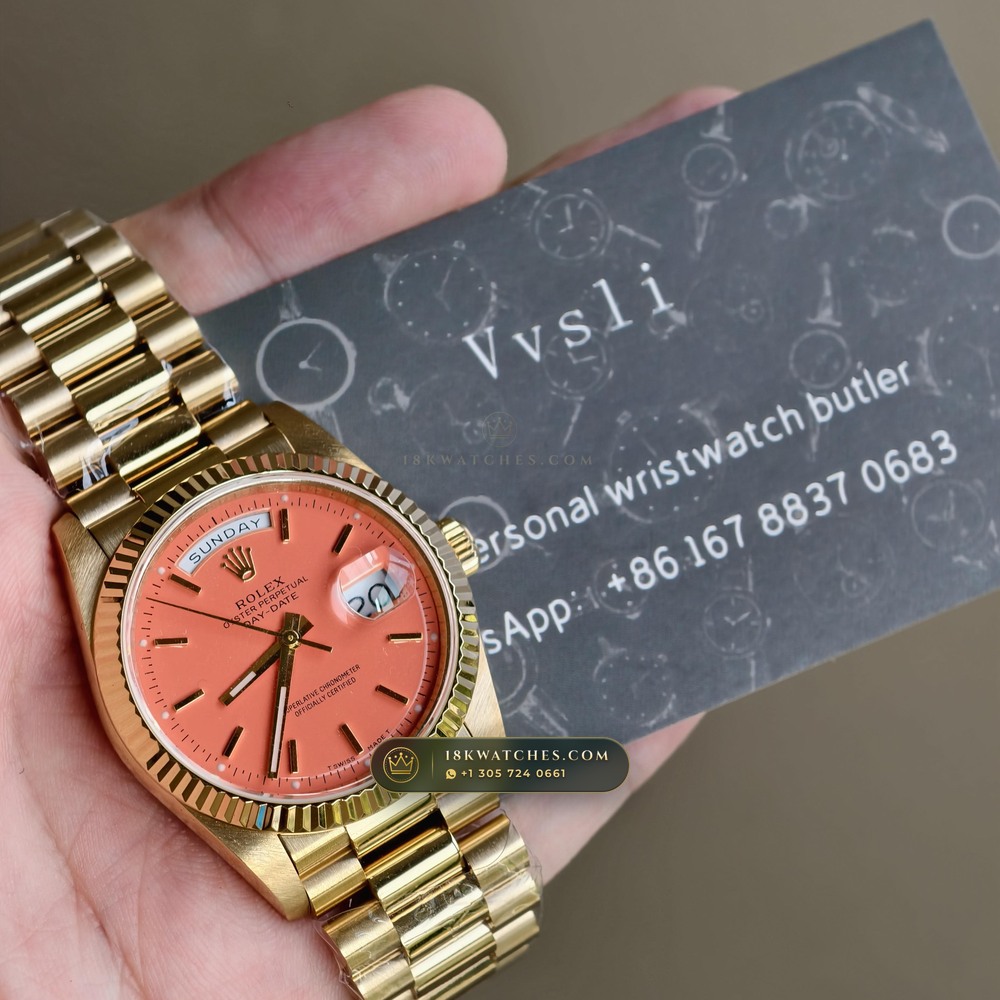 Rolex Day-Date 36 Coral Red Stella Lacquer Dial 18K Yellow Gold Ref. 18238 — Studio Gallery Plate IX in 18K Yellow Gold Au750 (141.5g Verified Mass, Rolex Manufacture Cal. 3155)