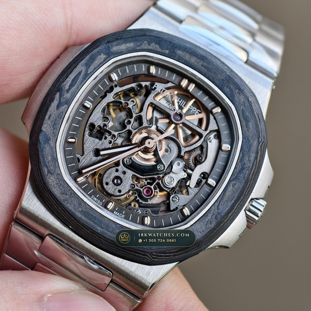 Patek Philippe Nautilus 40mm Openworked Carbon Edition Openworked Skeleton Dial Ref. 5711/1A-010 — Studio Gallery Plate V in Forged Carbon TPT & Titanium (115.2g Verified Mass, Patek Philippe Cal. 26-330 S C / Cal. 324 S C - 21K Gold Rotor)