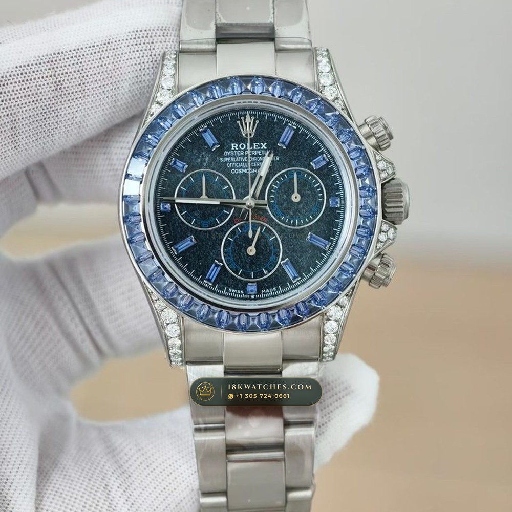 Rolex Cosmograph Daytona Off-Catalogue Blue Sapphire Bezel & Obsidian Dial 18K White Gold Ref. 126599TSA