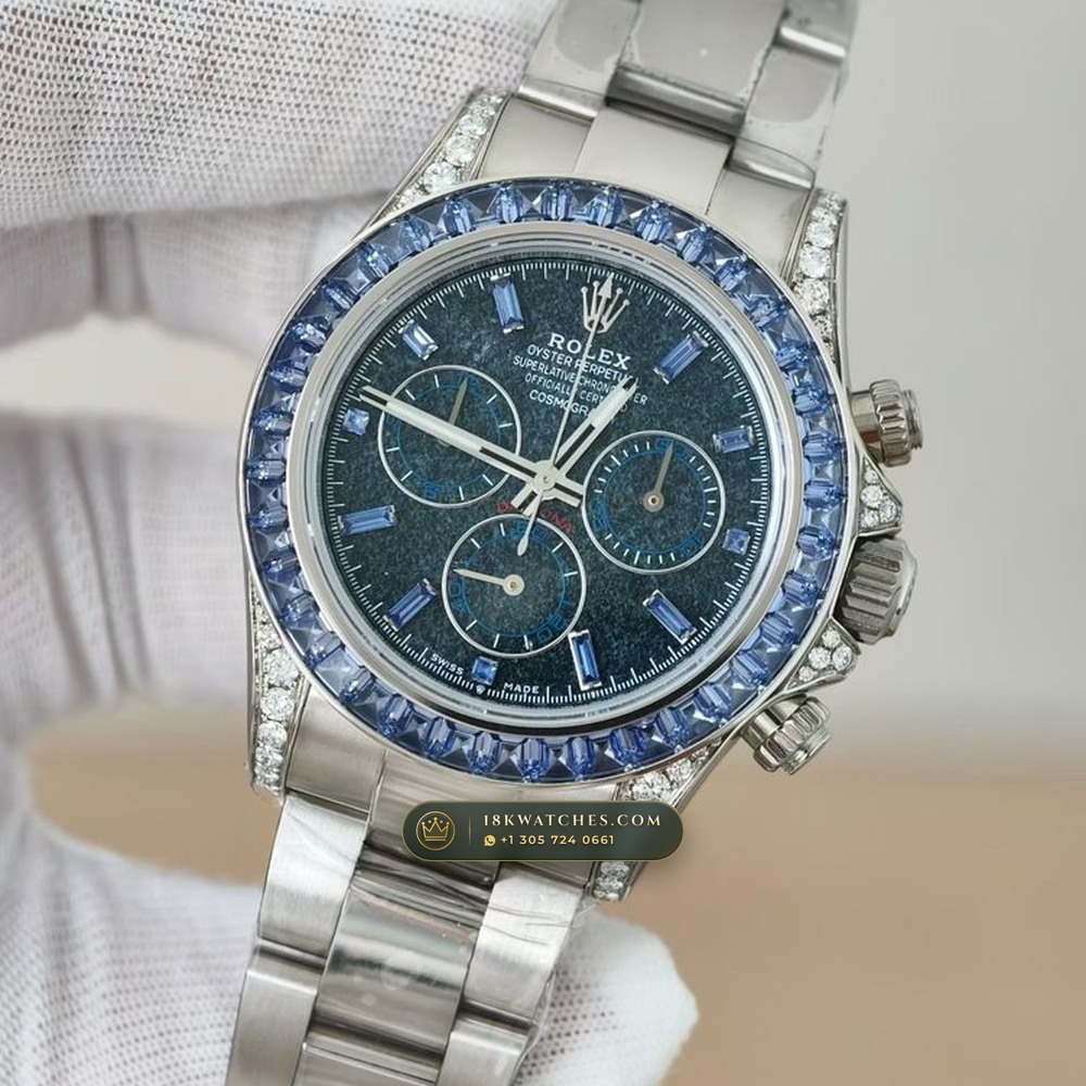 Rolex Cosmograph Daytona Off-Catalogue Blue Sapphire Bezel & Obsidian Dial 18K White Gold Ref. 126599TSA — Studio Gallery Plate III in 18K White Gold Au750 (216.7g Verified Mass, Rolex Manufacture Cal. 4131 - 72h Power Reserve)