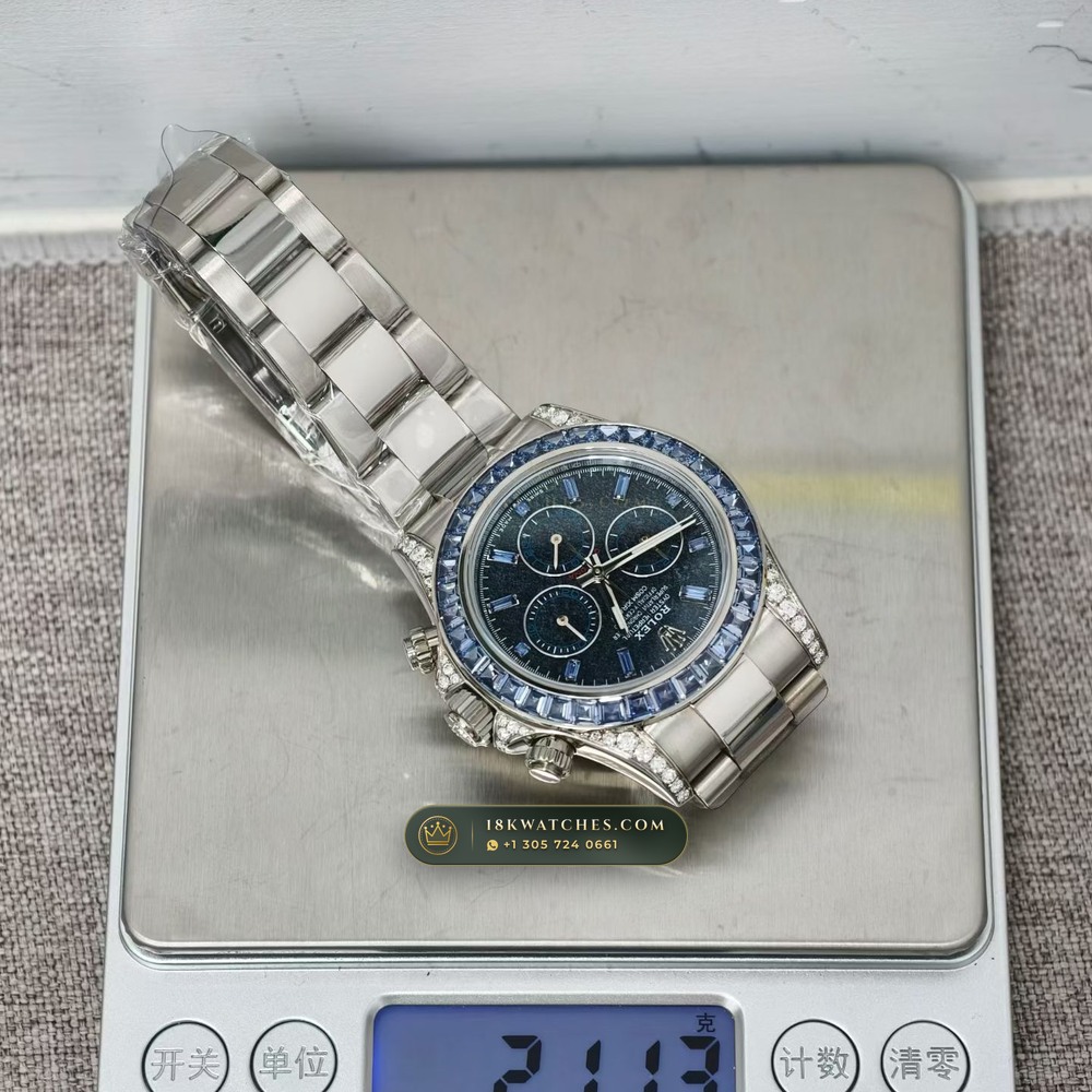 Rolex Cosmograph Daytona Off-Catalogue Blue Sapphire Bezel & Obsidian Dial 18K White Gold Ref. 126599TSA — Studio Gallery Plate VIII in 18K White Gold Au750 (216.7g Verified Mass, Rolex Manufacture Cal. 4131 - 72h Power Reserve)