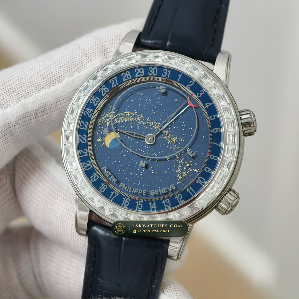 Patek Philippe Grand Complications Sky Moon Celestial Diamond-Set Bezel 18K White Gold Ref. 6104G — Studio Gallery Plate III in 18K White Gold Au750 (128.3g Verified Mass, Patek Philippe Cal. 240 LU CL C - 22K Gold Micro-Rotor)
