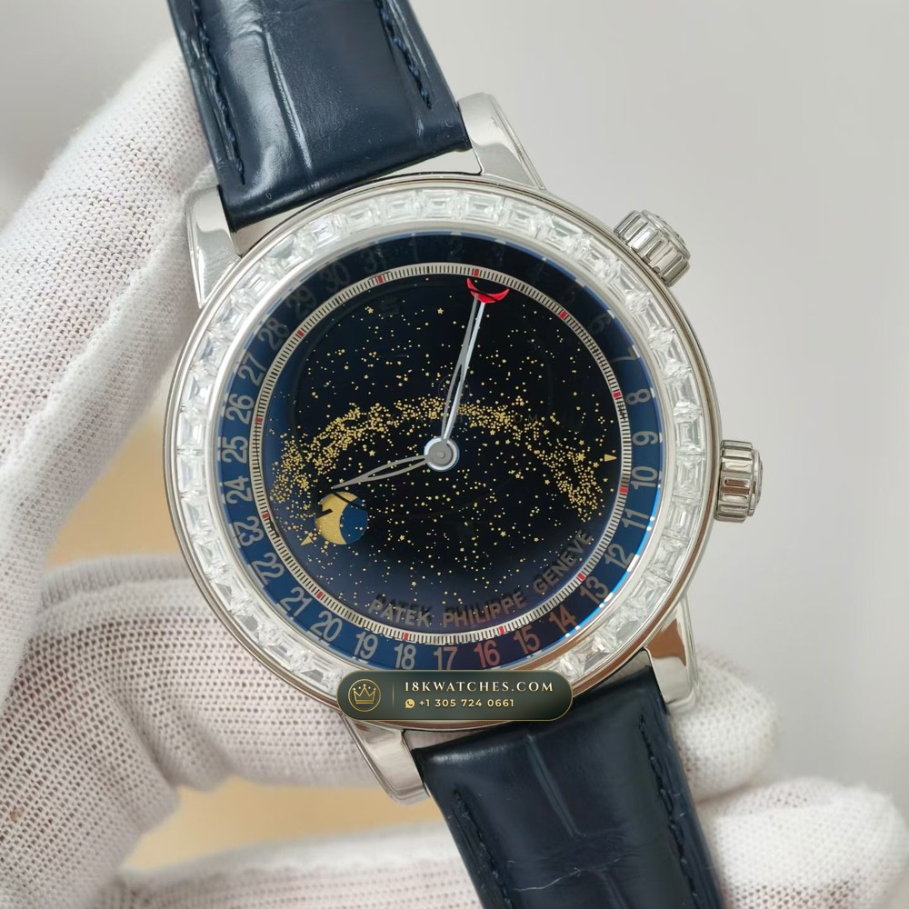 Patek Philippe Grand Complications Sky Moon Celestial Diamond-Set Bezel 18K White Gold Ref. 6104G — Studio Gallery Plate IV in 18K White Gold Au750 (128.3g Verified Mass, Patek Philippe Cal. 240 LU CL C - 22K Gold Micro-Rotor)