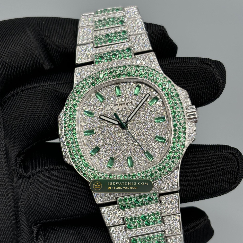 Patek Philippe Nautilus Self-Winding 40mm Baguette Emerald & Diamond Edition Ref. 5711/113P-001 — Studio Gallery Plate II in 904L Stainless Steel Custom Architecture (114.9g Verified Mass, Patek Philippe Cal. 26-330 S C / Cal. 324 S C - 21K Gold Rotor)