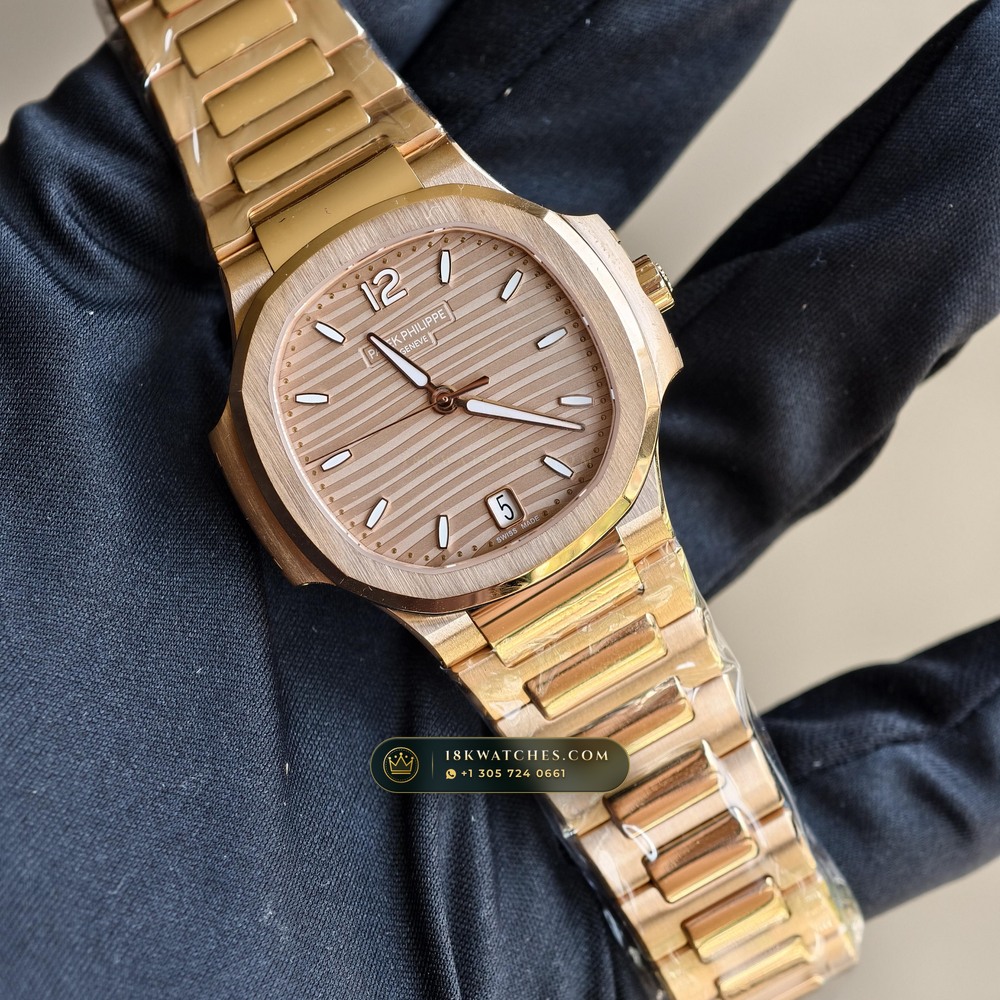 Patek Philippe Nautilus Ladies Automatic 18K Rose Gold Ref. 7118/1R-010 — Studio Gallery Plate II in 18K Rose Gold Au750 (146.3g Verified Mass, Patek Philippe Cal. 324 S C - 21K Gold Rotor)