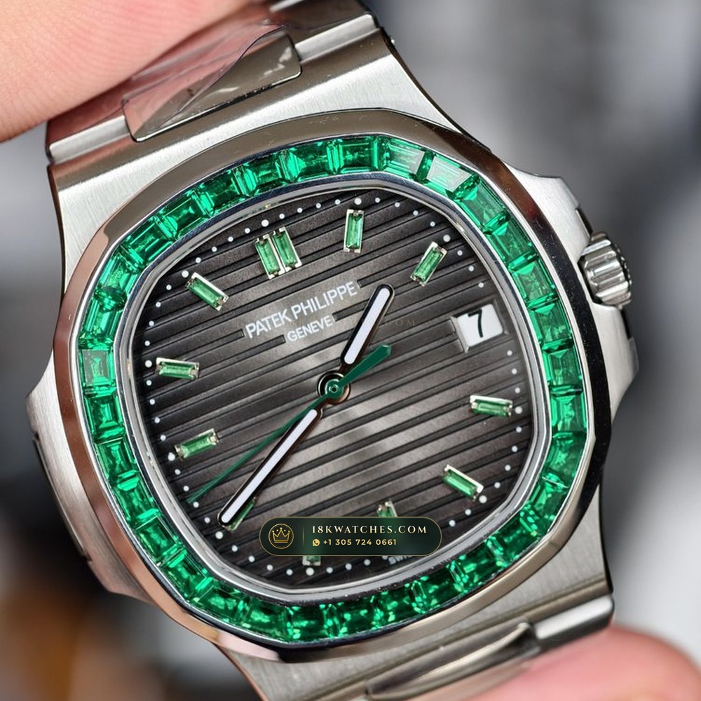 Patek Philippe Nautilus Off-Catalogue Baguette Emerald Bezel 950 Platinum Ref. 5711/113P-001 — Studio Gallery Plate IV in 950 Platinum Pt950 (245.2g Verified Mass, Patek Philippe Cal. 26-330 S C / Cal. 324 S C - 21K Gold Rotor)