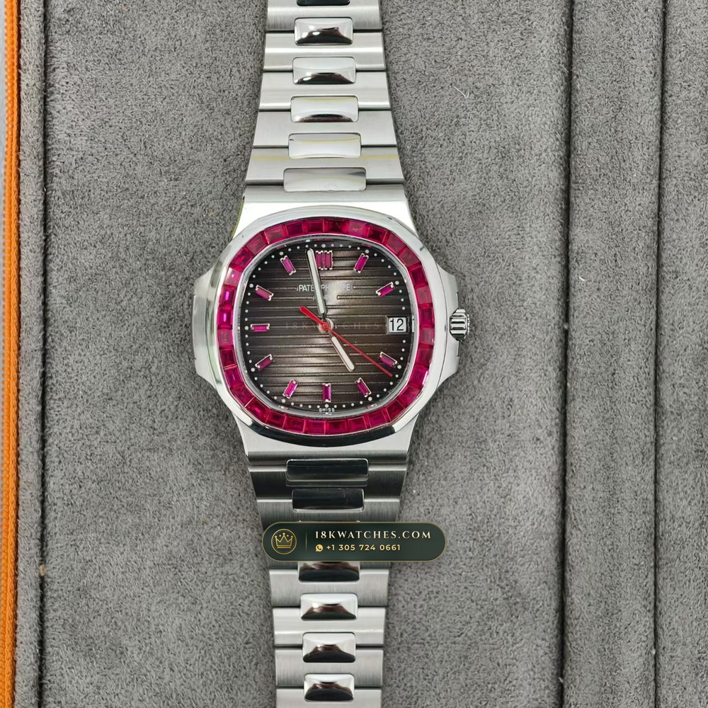 Patek Philippe Nautilus Self-Winding Baguette Ruby Bezel 950 Platinum Ref. 5711/112P-001 — Studio Gallery Plate II in 950 Platinum Pt950 (245.1g Verified Mass, Patek Philippe Cal. 26-330 S C / Cal. 324 S C - 21K Gold Rotor)