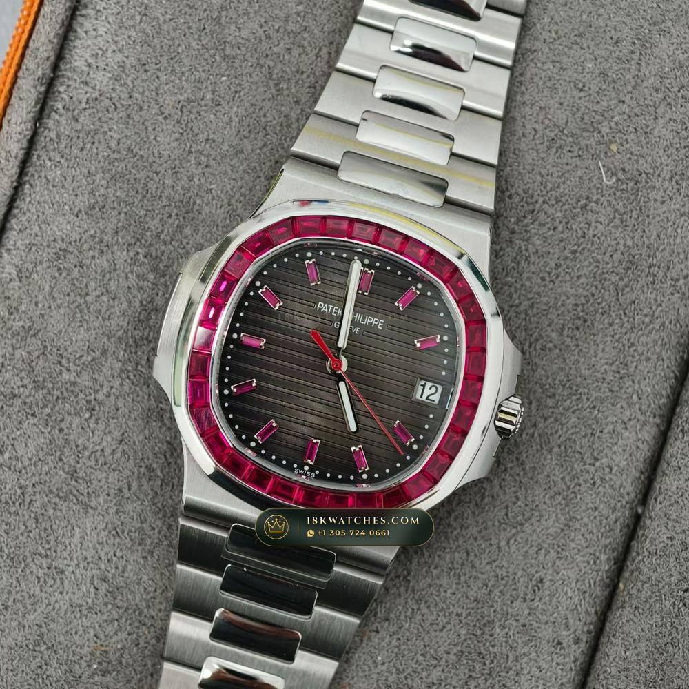 Patek Philippe Nautilus Self-Winding Baguette Ruby Bezel 950 Platinum Ref. 5711/112P-001 — Studio Gallery Plate III in 950 Platinum Pt950 (245.1g Verified Mass, Patek Philippe Cal. 26-330 S C / Cal. 324 S C - 21K Gold Rotor)