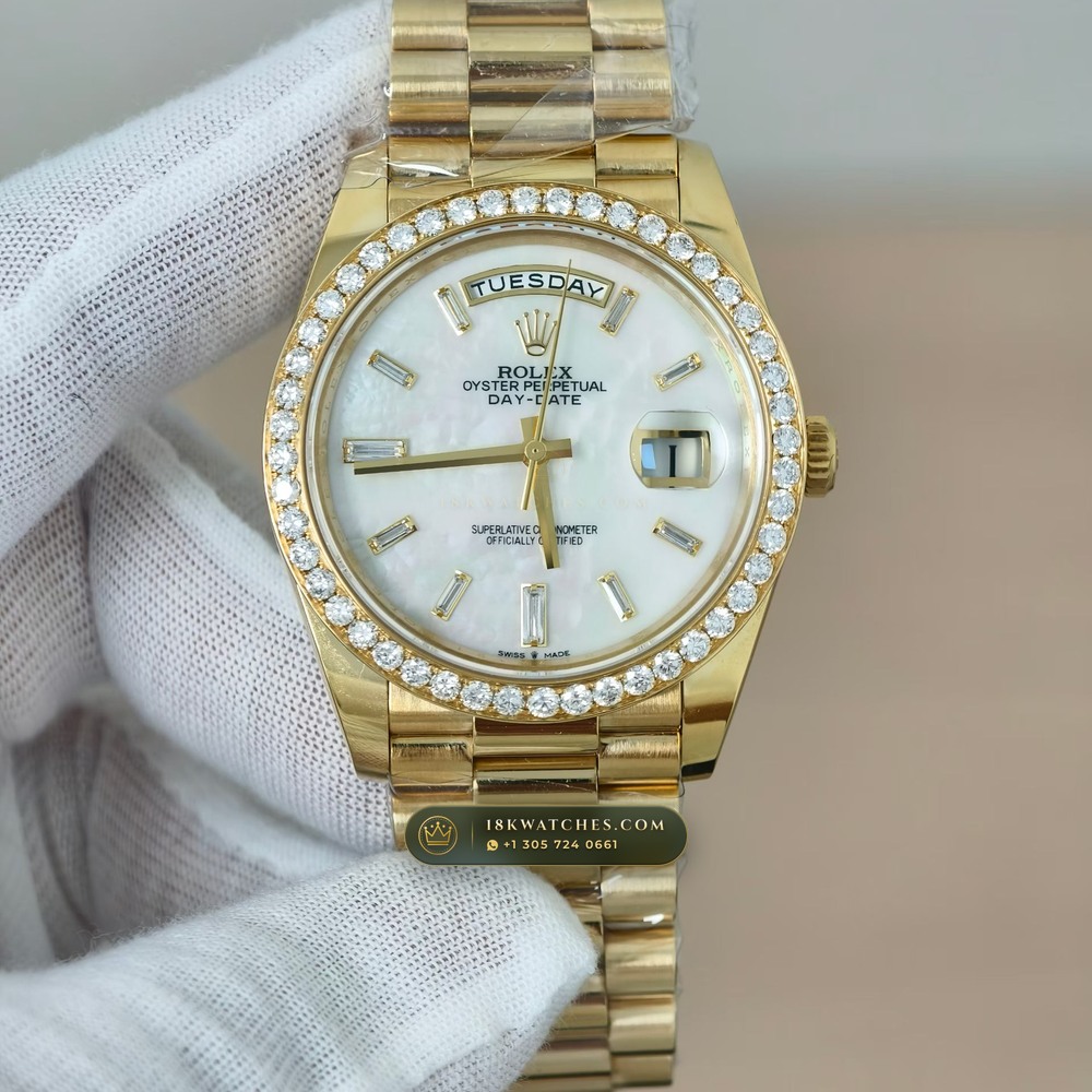 Rolex Day-Date 40 Iridescent Natural Mother-of-Pearl Dial Diamond-Set Bezel 18K Yellow Gold Ref. 228348RBR