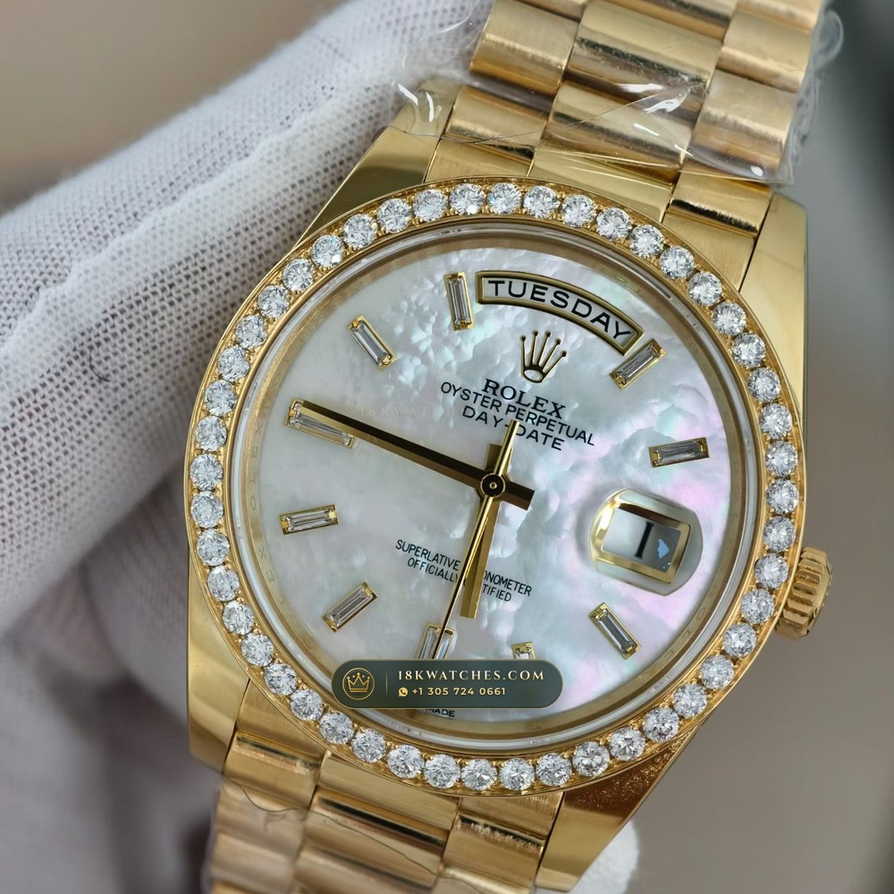 Rolex Day-Date 40 Iridescent Natural Mother-of-Pearl Dial Diamond-Set Bezel 18K Yellow Gold Ref. 228348RBR — Studio Gallery Plate IV in 18K Yellow Gold Au750 (210.3g Verified Mass, Rolex Manufacture Cal. 3255 - 70h Power Reserve)