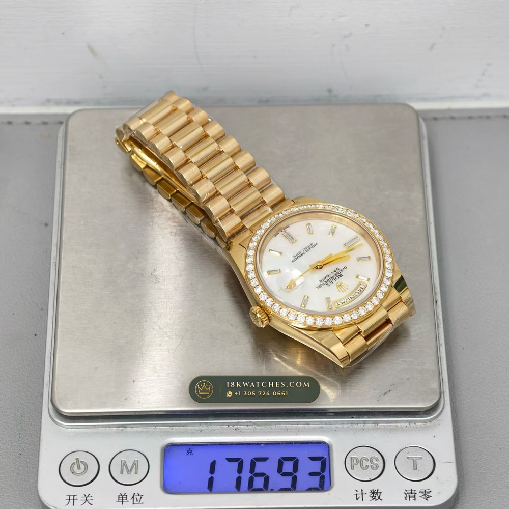Rolex Day-Date 40 Iridescent Natural Mother-of-Pearl Dial Diamond-Set Bezel 18K Yellow Gold Ref. 228348RBR — Studio Gallery Plate IX in 18K Yellow Gold Au750 (210.3g Verified Mass, Rolex Manufacture Cal. 3255 - 70h Power Reserve)