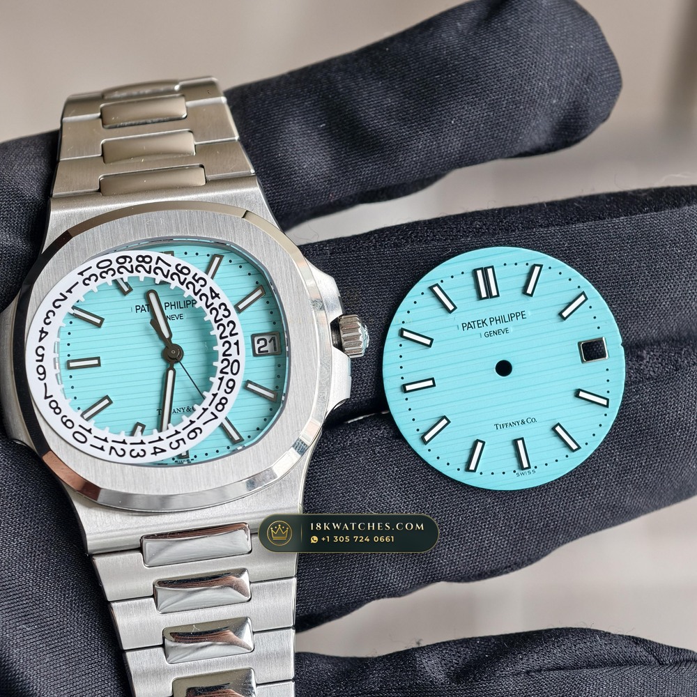 Patek Philippe Nautilus Self-Winding Tiffany Blue Dial Hand-Finished Buff Dial Ref. 5711/1A-018 — Studio Gallery Plate V in 904L Stainless Steel Custom Architecture (115.2g Verified Mass, Patek Philippe Cal. 26-330 S C / Cal. 324 S C - 21K Gold Rotor)