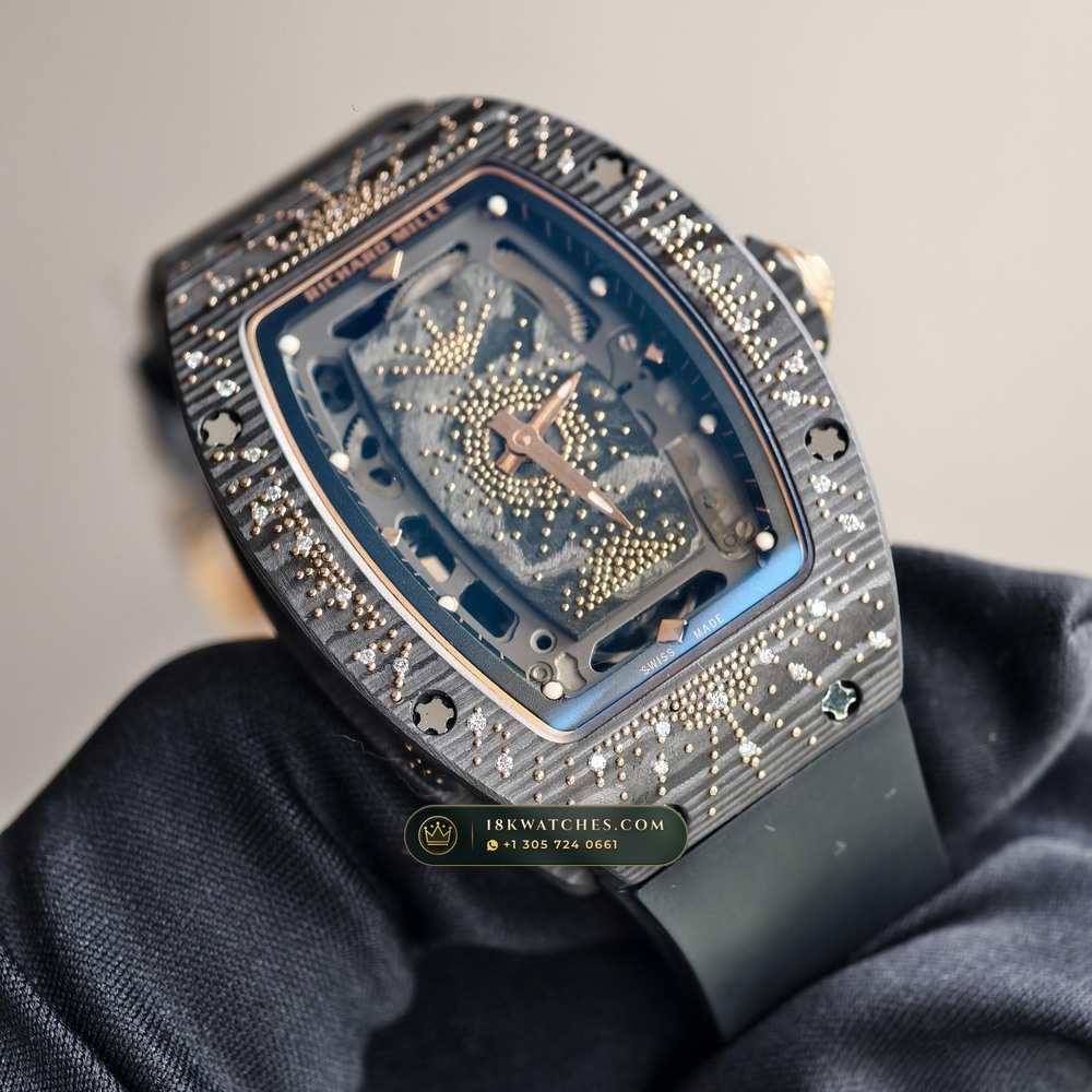 Richard Mille RM 07-01 Automatic Tonneau Dark Night Carbon TPT & Gold Leaf 5-Axis CNC Case — Studio Gallery Plate II in Carbon TPT & Grade 5 Titanium (57.9g Verified Mass, Richard Mille Cal. CRMA2 Variable-Geometry Rotor)