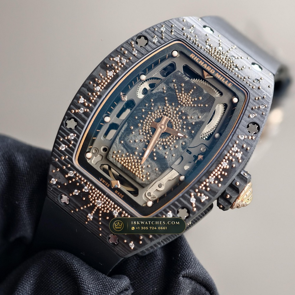 Richard Mille RM 07-01 Automatic Tonneau Dark Night Carbon TPT & Gold Leaf 5-Axis CNC Case — Studio Gallery Plate III in Carbon TPT & Grade 5 Titanium (57.9g Verified Mass, Richard Mille Cal. CRMA2 Variable-Geometry Rotor)