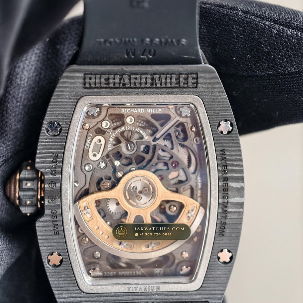 Richard Mille RM 07-01 Automatic Tonneau Dark Night Carbon TPT & Gold Leaf 5-Axis CNC Case — Studio Gallery Plate VI in Carbon TPT & Grade 5 Titanium (57.9g Verified Mass, Richard Mille Cal. CRMA2 Variable-Geometry Rotor)