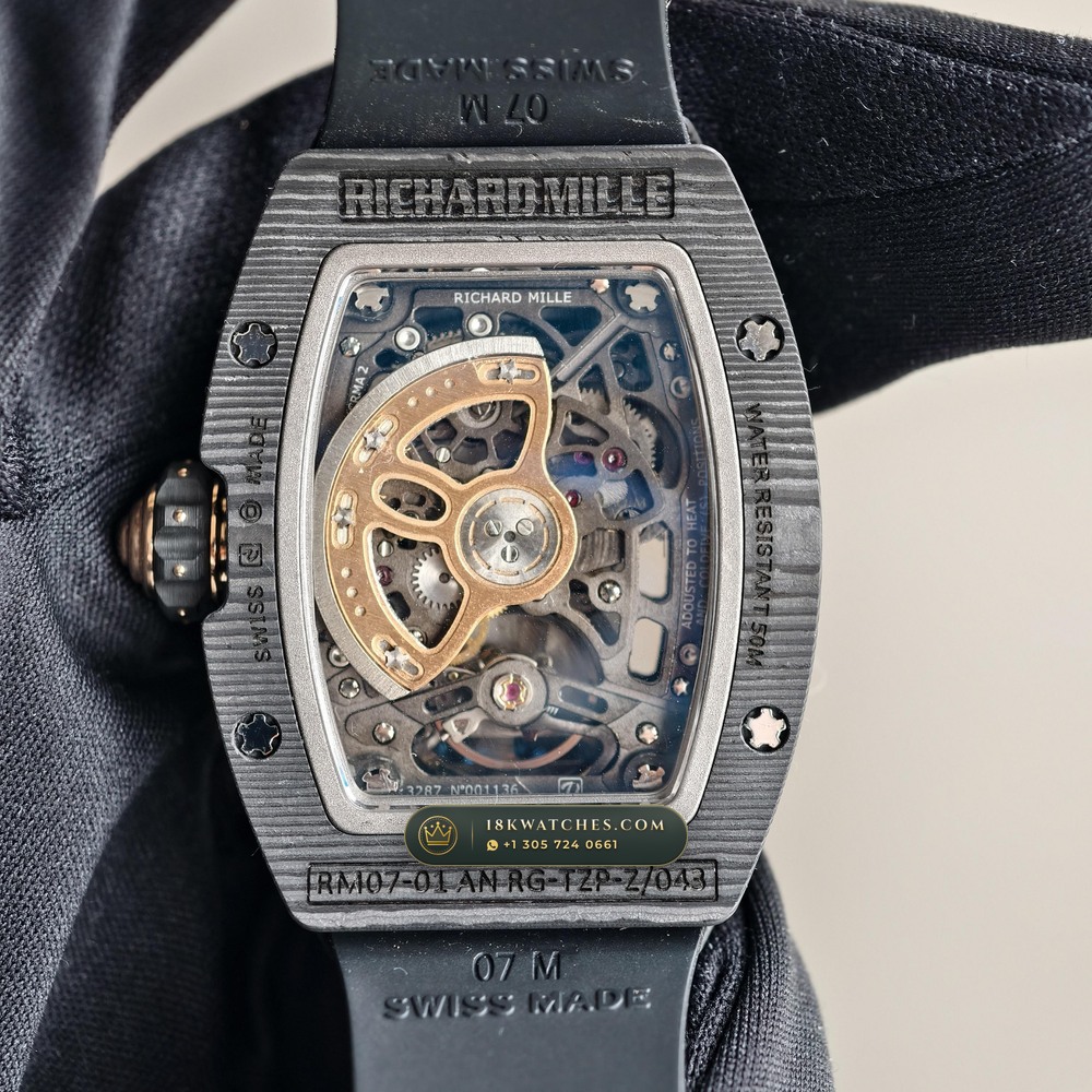 Richard Mille RM 07-01 Automatic Tonneau Dark Night Carbon TPT & Gold Leaf 5-Axis CNC Case — Studio Gallery Plate VII in Carbon TPT & Grade 5 Titanium (57.9g Verified Mass, Richard Mille Cal. CRMA2 Variable-Geometry Rotor)