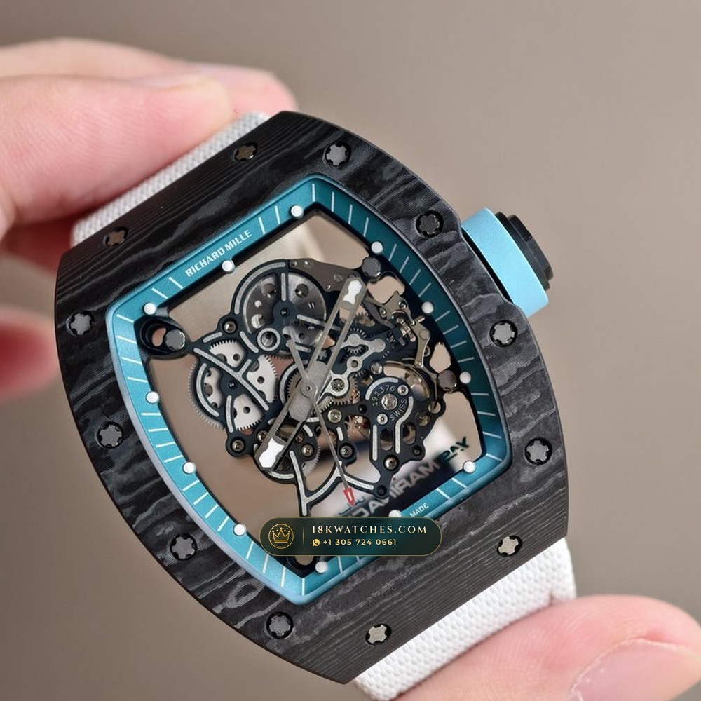 Richard Mille RM 055 Bubba Watson Yas Marina Carbon TPT & Turquoise — Studio Gallery Plate II in ATZ White Ceramic & Grade 5 Titanium (66.9g Verified Mass, Richard Mille Cal. RMUL2 Grade 5 Titanium Skeleton)