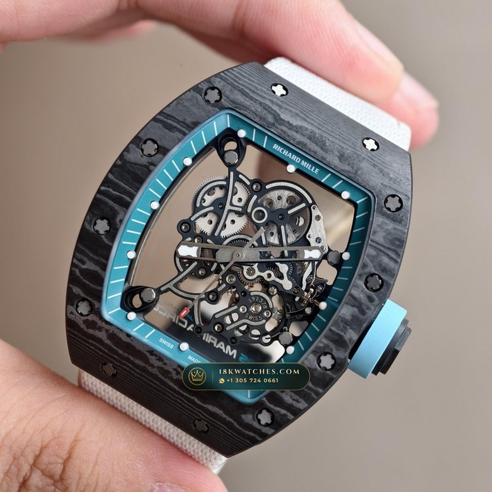 Richard Mille RM 055 Bubba Watson Yas Marina Carbon TPT & Turquoise — Studio Gallery Plate III in ATZ White Ceramic & Grade 5 Titanium (66.9g Verified Mass, Richard Mille Cal. RMUL2 Grade 5 Titanium Skeleton)