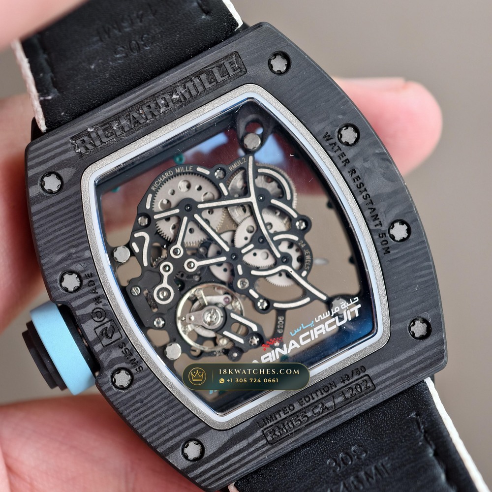 Richard Mille RM 055 Bubba Watson Yas Marina Carbon TPT & Turquoise — Studio Gallery Plate VII in ATZ White Ceramic & Grade 5 Titanium (66.9g Verified Mass, Richard Mille Cal. RMUL2 Grade 5 Titanium Skeleton)