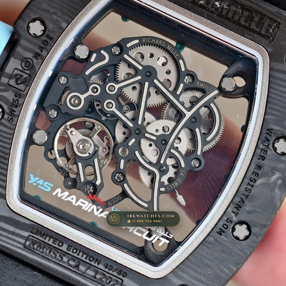 Richard Mille RM 055 Bubba Watson Yas Marina Carbon TPT & Turquoise — Studio Gallery Plate VIII in ATZ White Ceramic & Grade 5 Titanium (66.9g Verified Mass, Richard Mille Cal. RMUL2 Grade 5 Titanium Skeleton)