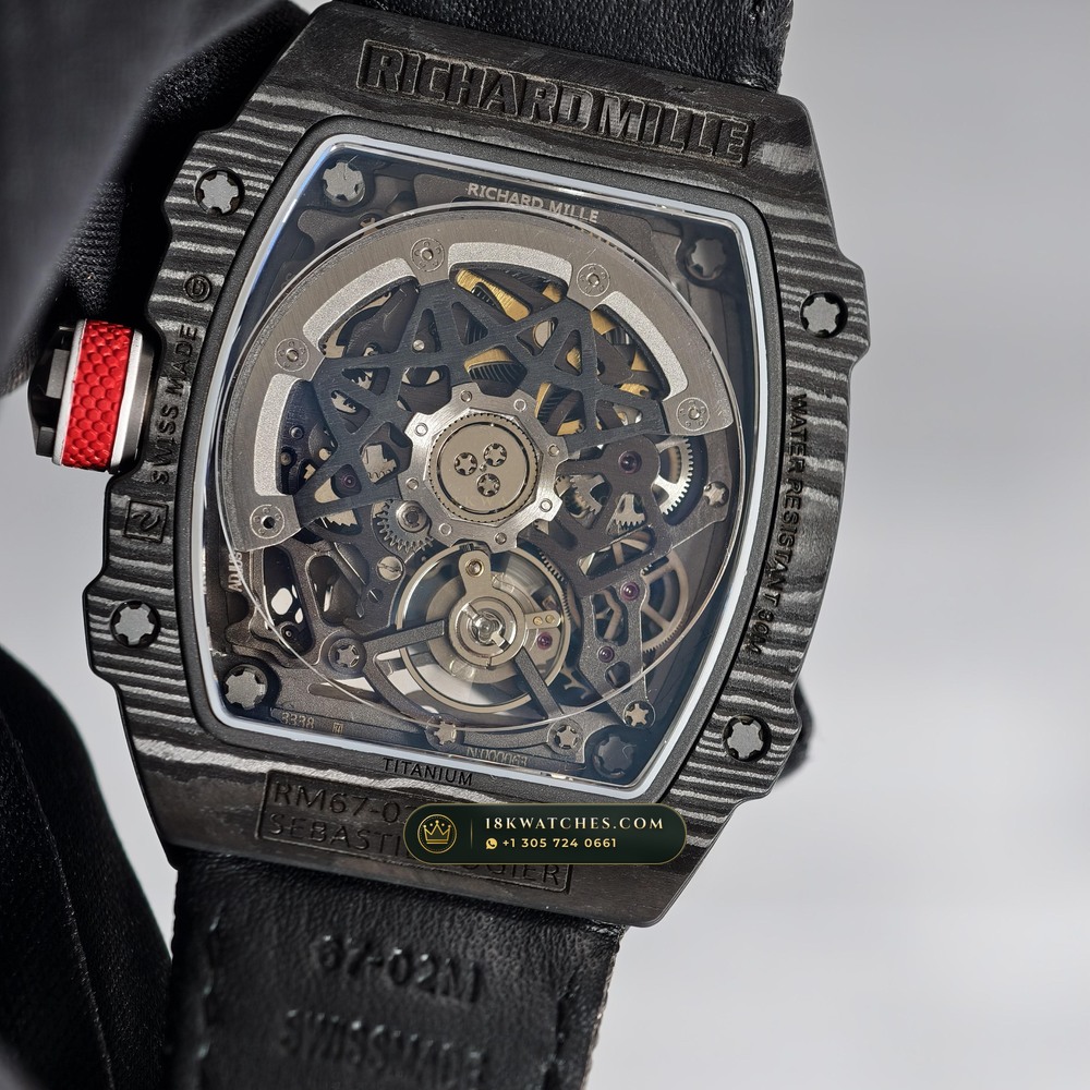 Richard Mille RM 67-02 Automatic Extra-Flat Sebastien Ogier Carbon TPT Hand-Chamfered Bevel Spec — Studio Gallery Plate V in Carbon TPT & Grade 5 Titanium (33.3g Verified Mass, Richard Mille Cal. CRMA7 Skeletonized Titanium)