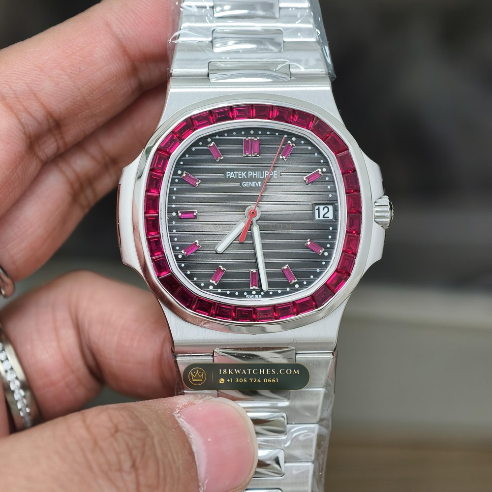 Patek Philippe Nautilus Off-Catalogue Baguette Ruby Bezel 950 Platinum Ref. 5711/112P-001