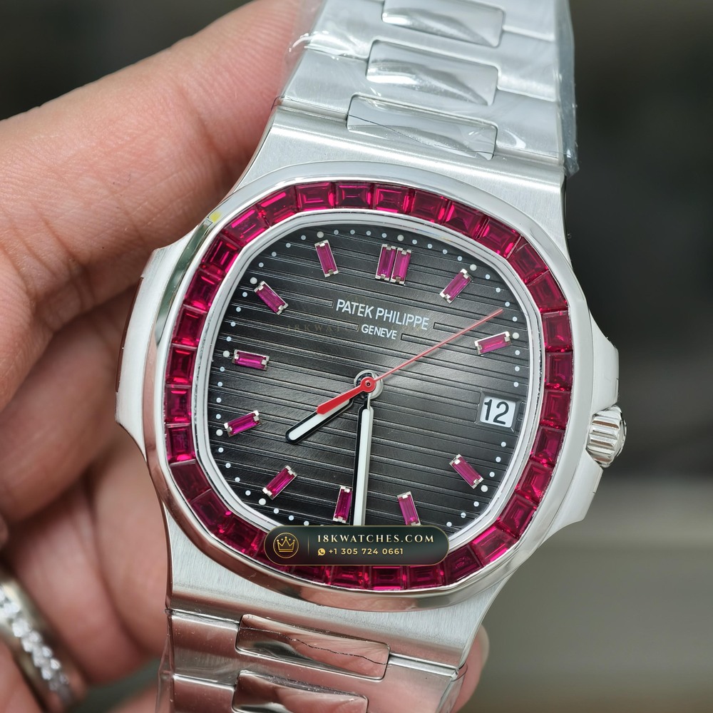 Patek Philippe Nautilus Off-Catalogue Baguette Ruby Bezel 950 Platinum Ref. 5711/112P-001 — Studio Gallery Plate II in 950 Platinum Pt950 (245.4g Verified Mass, Patek Philippe Cal. 26-330 S C / Cal. 324 S C - 21K Gold Rotor)