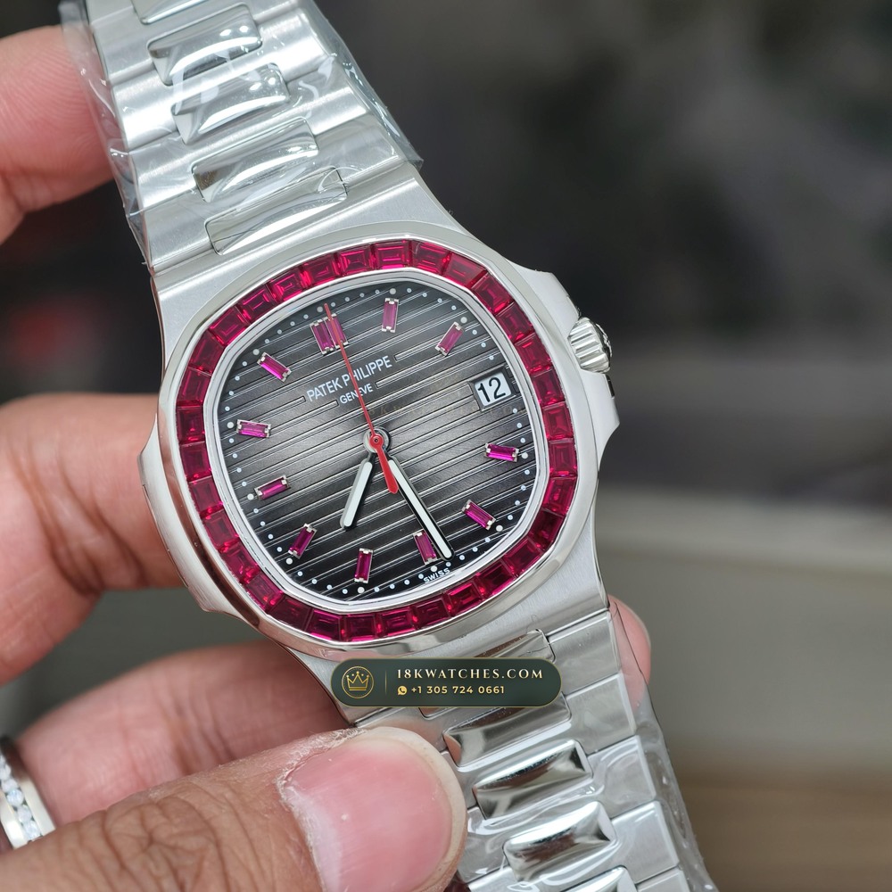 Patek Philippe Nautilus Off-Catalogue Baguette Ruby Bezel 950 Platinum Ref. 5711/112P-001 — Studio Gallery Plate III in 950 Platinum Pt950 (245.4g Verified Mass, Patek Philippe Cal. 26-330 S C / Cal. 324 S C - 21K Gold Rotor)