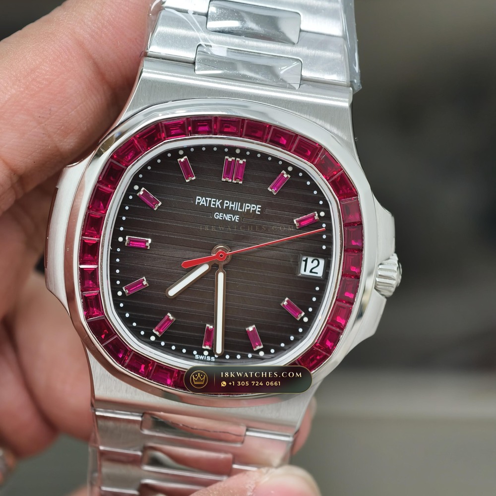 Patek Philippe Nautilus Off-Catalogue Baguette Ruby Bezel 950 Platinum Ref. 5711/112P-001 — Studio Gallery Plate IV in 950 Platinum Pt950 (245.4g Verified Mass, Patek Philippe Cal. 26-330 S C / Cal. 324 S C - 21K Gold Rotor)