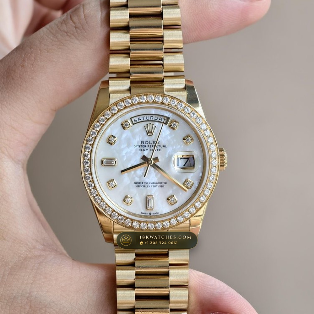 Rolex Day-Date 36 Mother-of-Pearl & Diamond Bezel 18K Yellow Gold Ref. 128348RBR