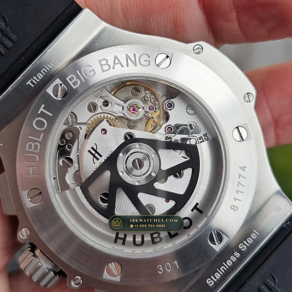 Hublot Big Bang Original Chronograph 44mm Cal. HUB4100 Ref. 301.SX.1170.RX — Studio Gallery Plate III in 904L Stainless Steel Custom Architecture (120.8g Verified Mass, Hublot Unico Flyback Chronograph Cal. HUB1280)