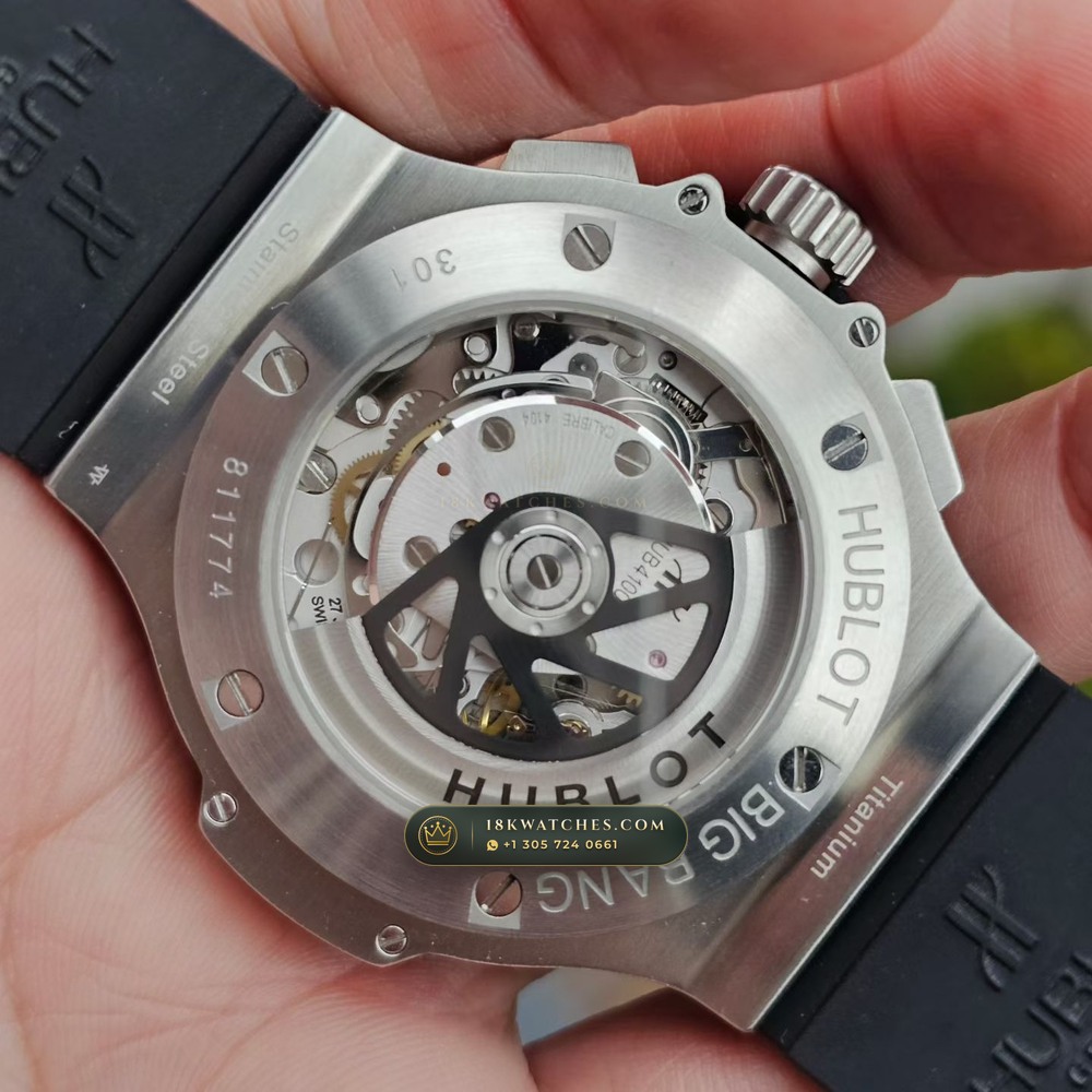 Hublot Big Bang Original Chronograph 44mm Cal. HUB4100 Ref. 301.SX.1170.RX — Studio Gallery Plate IV in 904L Stainless Steel Custom Architecture (120.8g Verified Mass, Hublot Unico Flyback Chronograph Cal. HUB1280)