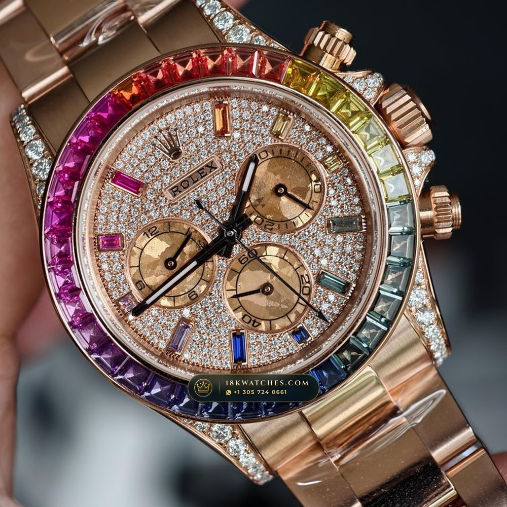 Rolex Cosmograph Daytona Rainbow Full Diamond Pave Dial 18K Everose Gold Ref. 116595RBOW — Studio Gallery Plate IV in 18K Rose Gold Au750 (216.5g Verified Mass, Rolex Manufacture Cal. 4130 - 72h Power Reserve)