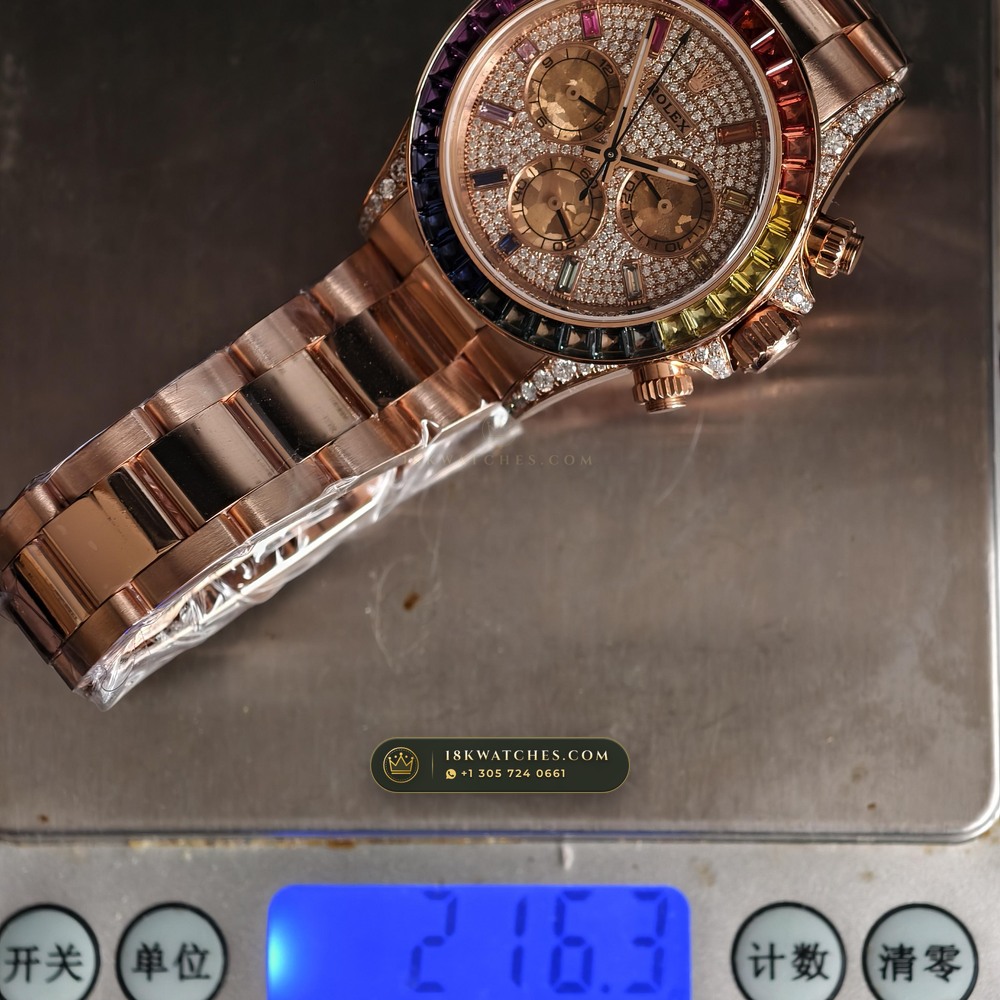 Rolex Cosmograph Daytona Rainbow Full Diamond Pave Dial 18K Everose Gold Ref. 116595RBOW — Studio Gallery Plate IX in 18K Rose Gold Au750 (216.5g Verified Mass, Rolex Manufacture Cal. 4130 - 72h Power Reserve)