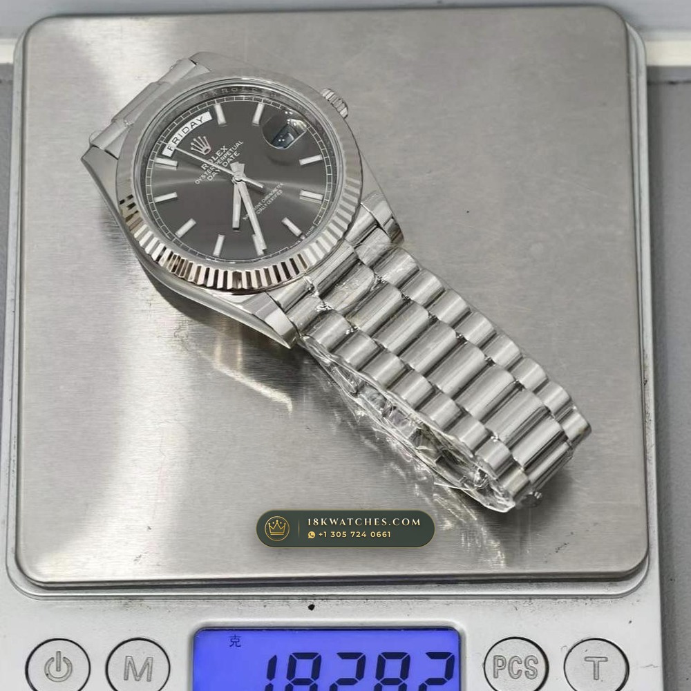 Rolex Day-Date 40 18K White Gold Ref. 228239 — Studio Gallery Plate IX in 18K White Gold Au750 (210.7g Verified Mass, Rolex Manufacture Cal. 3255 - 70h Power Reserve)