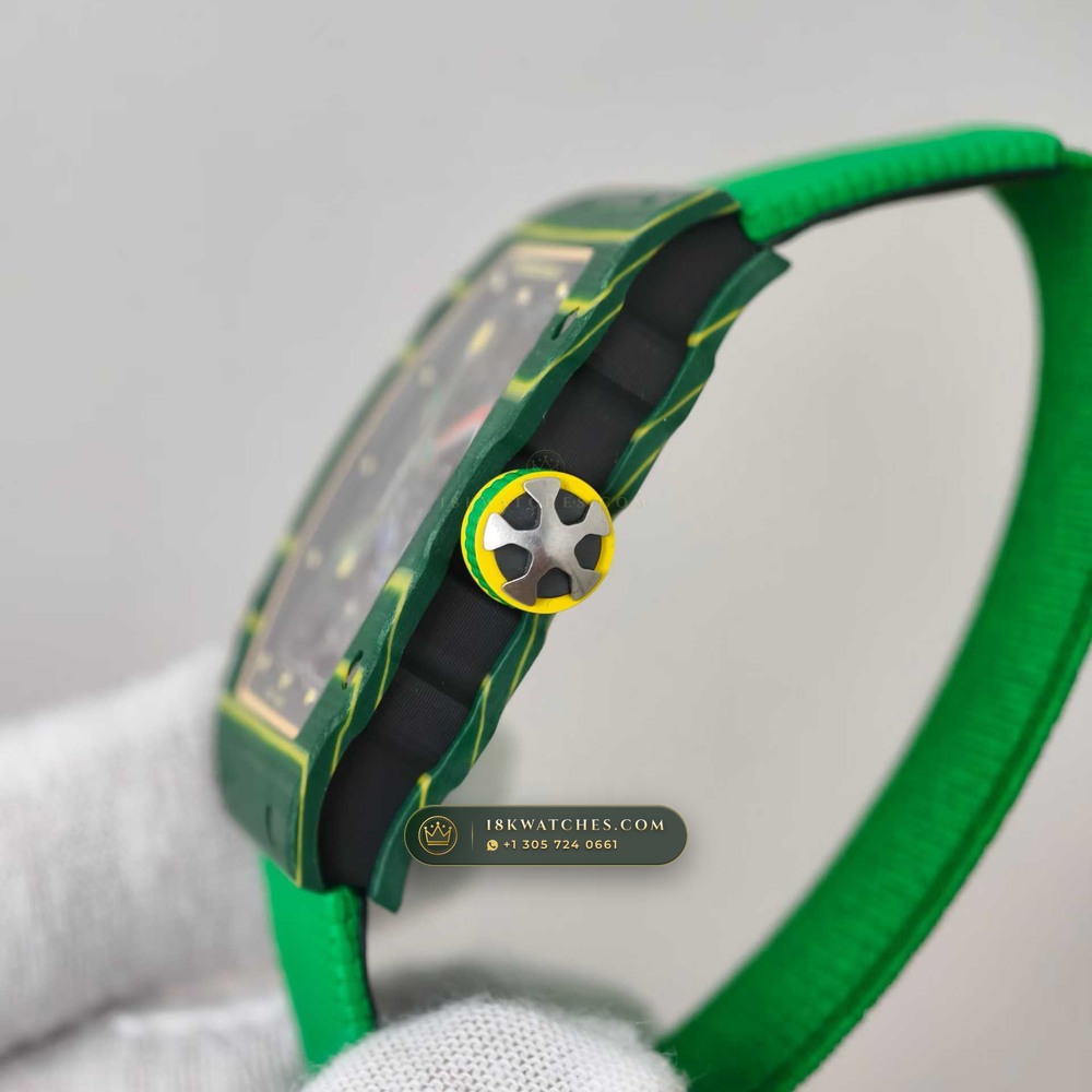 Richard Mille RM 67-02 Automatic Extra-Flat Wayde van Niekerk Green & Yellow Quartz TPT — Studio Gallery Plate V in Carbon TPT & Grade 5 Titanium (33.3g Verified Mass, Richard Mille Cal. CRMA7 Skeletonized Titanium)